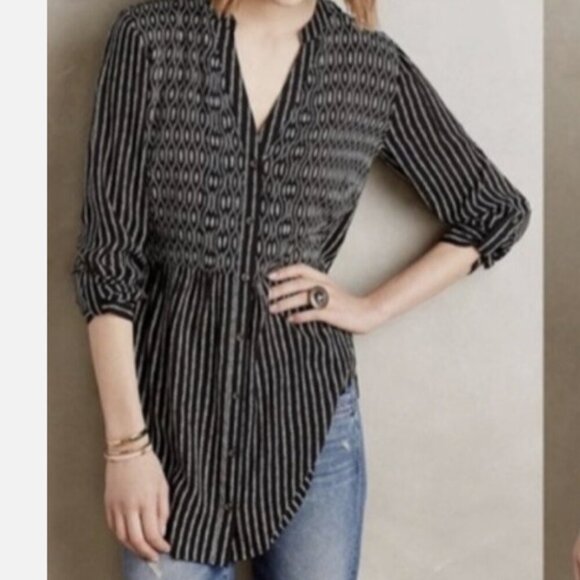 Anthropologie Maeve Calia black & white tunic top Womens 2 petite feminine flowy - Picture 1 of 13